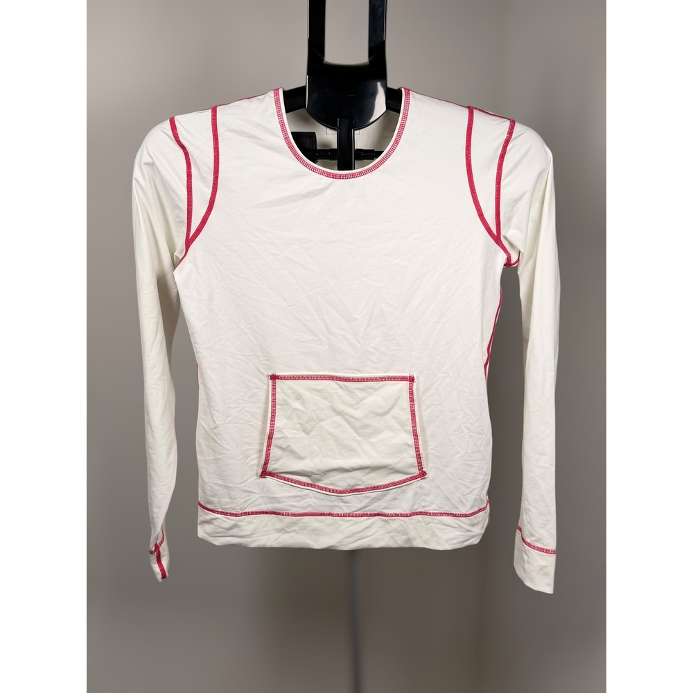 Athleta Womens XS White Pink Contrast Stitch Long Sleeve Pocket Athletic Top